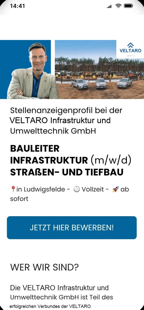 Bewerbungs-Landingpage aus der Recruiting-Kampagne für die VELTARO Gruppe