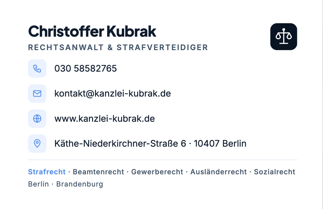 Visitenkarte der Kanzlei Christoffer Kubrak, Rückseite mit Kontaktdaten