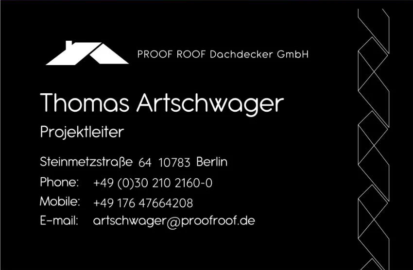 Visitenkarte der PROOF ROOF Dachdecker GmbH in Schwarz und Weiß